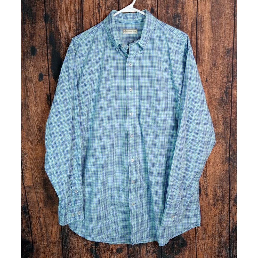 Donald Ross Mens Large Blue Green Plaid Cotton Long Sleeve Button Down Shirt
